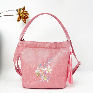 Buddha Gift Embroidery Wisteria Plum Lotus Cherry Blossom Cotton Linen Canvas Tote Crossbody Bag Shoulder Bag Handbag