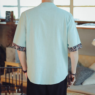 Buddha Gift Frog-Button Dragon Embroidery Chinese Tang Suit Short Sleeve Shirt Linen Men Clothing