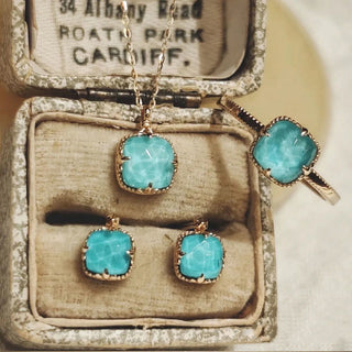Buddha Gift 925 Sterling Silver Plated Gold Turquoise Protection Ring Earrings Necklace Pendant Set