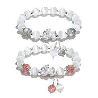 Buddha Gift Natural Cat's Eye Moonstone Strawberry Quartz PiXiu Support Bracelet