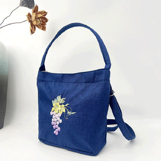 Buddha Gift Embroidery Wisteria Plum Lotus Cherry Blossom Cotton Linen Canvas Tote Crossbody Bag Shoulder Bag Handbag