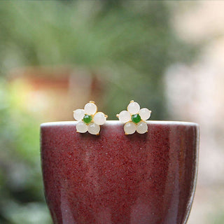 Buddha Gift White Jade Flower Luck Blessing Stud Earrings