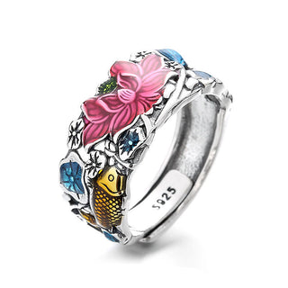 Buddha Gift 925 Sterling Silver Koi Fish Lotus Flower Prosperity Ring