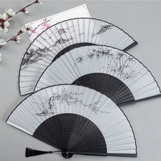 Buddha Gift Mountains Plum Blossom Lotus Magpie Bamboo Leaves Handheld Silk Bamboo Folding Fan 22.5cm