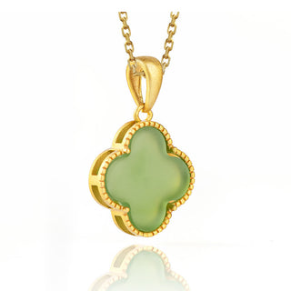 Buddha Gift 925 Sterling Silver Natural Hetian Jade Luck Four Leaf Clover Necklace Pendant