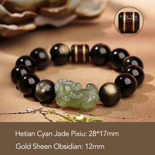 Buddha Gift Natural Gold Sheen Obsidian Hetian Cyan Jade White Jade PiXiu Wealth Bracelet