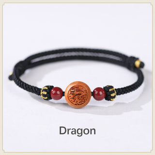 Buddha Gift Natural Peach Wood Chinese Zodiac Fu Character Carved Cinnabar Wealth Bracelet
