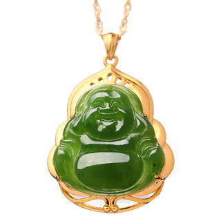 Buddha Gift 925 Sterling Silver Natural Hetian Cyan Jade Laughing Buddha 18K Gold Healing Necklace Chain Pendant