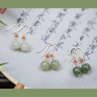 Buddha Gift 925 Sterling Silver 14K Gold Plated Hetian Jade Red Agate Luck Drop Dangle Earrings