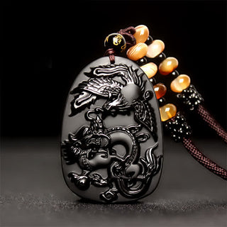 Buddha Gift Black Obsidian Tiger Eye Dragon Phoenix Protection Beaded Necklace Pendant