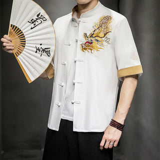 Buddha Gift Frog-Button Chinese Dragon Auspicious Cloud Embroidery Half Sleeve Shirt Cotton Linen Men Clothing