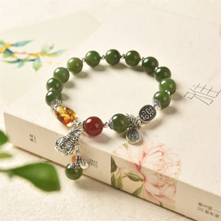 Buddha Gift 925 Sterling Silver Hetian Cyan Jade Gourd Amber Success Bracelet