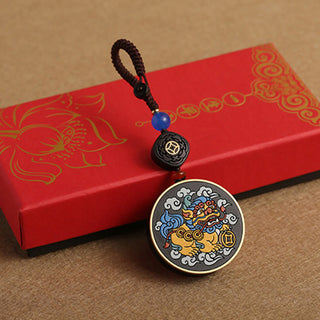 Buddha Gift PiXiu Copper Coin Ebony Wood Luck Attract Wealth Key Chain Decoration