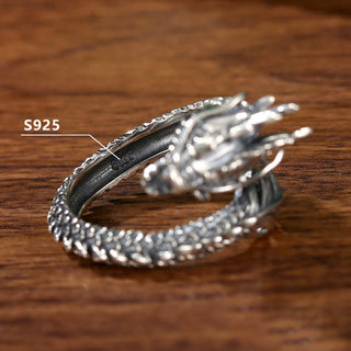 Buddha Gift 925 Sterling Silver Vintage Dragon Success Protection Strength Adjustable Ring