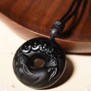 Buddha Gift Chinese Zodiac Natural Black Obsidian Peace Buckle Strength Necklace Pendant