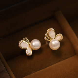 Buddha Gift 925 Sterling Silver Posts 18K Gold Plated Copper Natural Pearl Butterfly Zircon Healing Stud Earrings