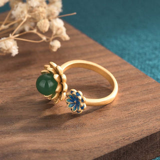 Buddha Gift Lotus Pattern Jade Abundance Adjustable Ring