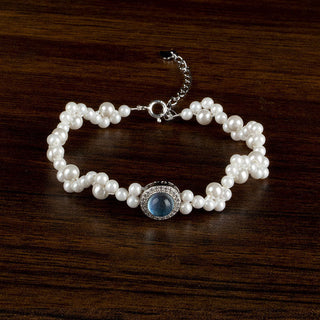 Buddha Gift 925 Sterling Silver Pearl Blue Chalcedony Healing Chain Bracelet Ring