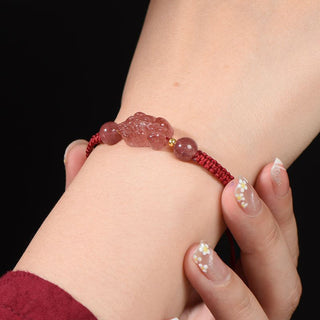 Buddha Gift Natural Strawberry Quartz PiXiu Lucky Red String Bracelet