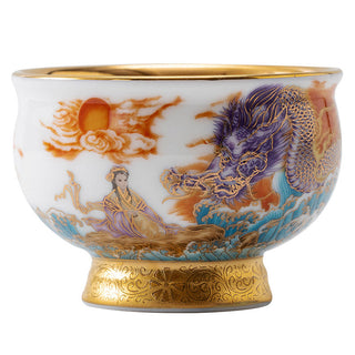 Buddha Gift Golden Eagle Auspicious Dragon Sun Ocean Waves Gilt Ceramic Teacup Kung Fu Tea Cup
