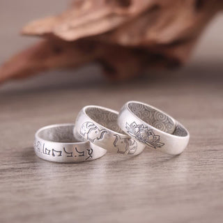 Buddha Gift 999 Sterling Silver Lotus Elephant Six True Words Blessing Ring