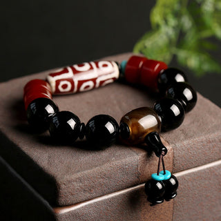 Buddha Gift Tibetan Nine-Eye Dzi Bead Black Onyx Wealth Protection Bracelet