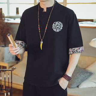 Buddha Gift Frog-Button Dragon Embroidery Chinese Tang Suit Short Sleeve Shirt Linen Men Clothing