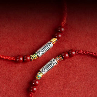 Buddha Gift 925 Sterling Silver Koi Fish Cinnabar Bead Wealth Handcrafted Braided Bracelet Anklet