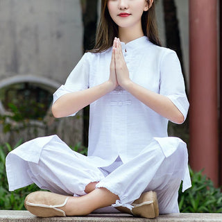 Buddha Gift 2Pcs Half Sleeve Shirt Top Pants Meditation Zen Tai Chi Linen Clothing Women's Set