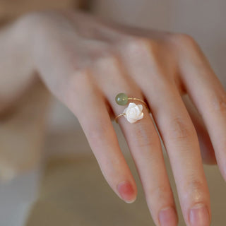 Buddha Gift 14K Gold Plated Tridacna Stone Rose Flower Jade Bead Blessing Ring