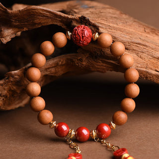 Buddha Gift Tibetan Natural Peach Wood Cinnabar PiXiu Wealth Tassels Bracelet