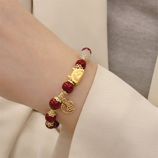 Buddha Gift Year Of The Dragon Red Agate Strawberry Quartz Black Obsidian Jade Garnet Pearl Cinnabar Dumpling Dragon Luck Fu Character Bracelet