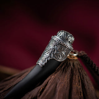 Buddha Gift 925 Sterling Silver Black Obsidian Wolf Tooth Pattern Strength Necklace Pendant