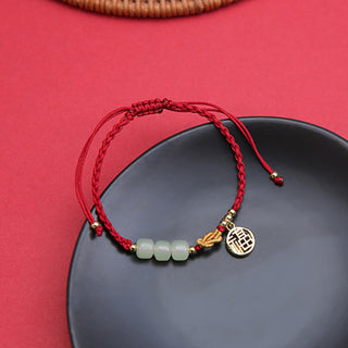 Buddha Gift Handcrafted Jade Bead Fu Character Charm Luck Red Rope Bracelet