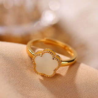 Buddha Gift 925 Sterling Silver Plated Gold Natural Hetian Jade Flower Luck Necklace Pendant Ring Set