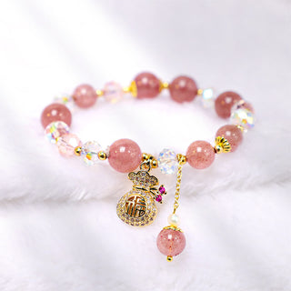 Buddha Gift Natural Strawberry Quartz Crystal Money Bag Charm Positive Bracelet
