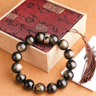 Buddha Gift 925 Sterling Silver Black Obsidian Gold Sheen Obsidian Silver Sheen Obsidian Yin Yang Protection Bracelet
