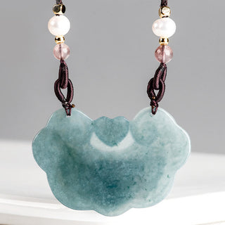 Buddha Gift Natural Jade Peony Flower Lock of Good Wishes Prosperity Necklace Pendant