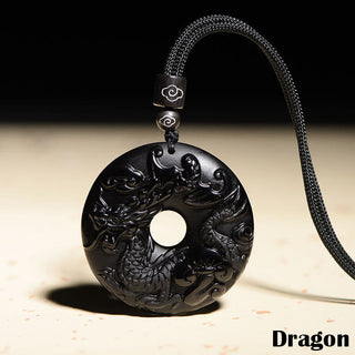 Buddha Gift Chinese Zodiac Natural Black Obsidian Peace Buckle Strength Necklace Pendant