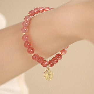 Buddha Gift 14K Gold Plated Strawberry Quartz Fu Character Healing Charm Bracelet