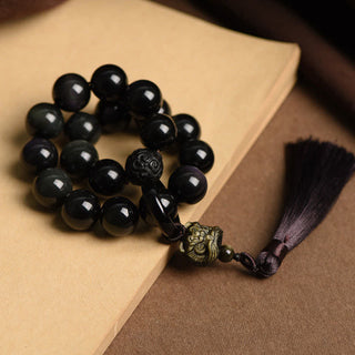 Buddha Gift Natural Black Obsidian Lion Wrist Mala Protection Tassels Pocket Mala Car Decoration
