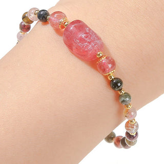 Buddha Gift Moonstone Strawberry Quartz Tourmaline PiXiu Healing Bracelet