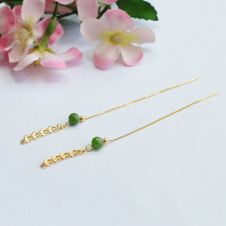 Buddha Gift 925 Sterling Silver Natural Hetian Cyan Jade Bead Luck Phoenix Tail Drop Earrings