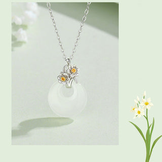 Buddha Gift 925 Sterling Silver Round Chalcedony Twelve Months Flower Harmony Necklace Pendant