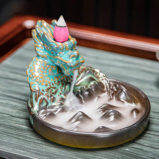 Buddha Gift Dragon Pattern Ceramic Backflow Smoke Fountain Incense Burner Decoration