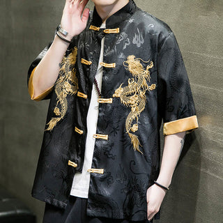 Buddha Gift Frog-Button Chinese Dragon Embroidery Half Sleeve Shirt Linen Men Clothing