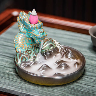 Buddha Gift Dragon Pattern Ceramic Backflow Smoke Fountain Incense Burner Decoration