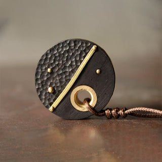 Buddha Gift Handcrafted Round Ebony Wood Copper Peace Necklace Pendant