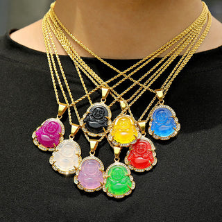 Buddha Gift 18K Gold Filled Laughing Buddha Jade Luck Necklace Chain Pendant