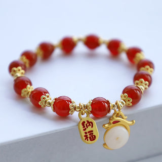 Buddha Gift Year of the Dragon Red Agate Green Aventurine Peace Buckle Fu Character Lucky Fortune Bracelet